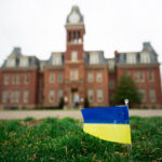Ukrainian flag in front of Woodburn Hall